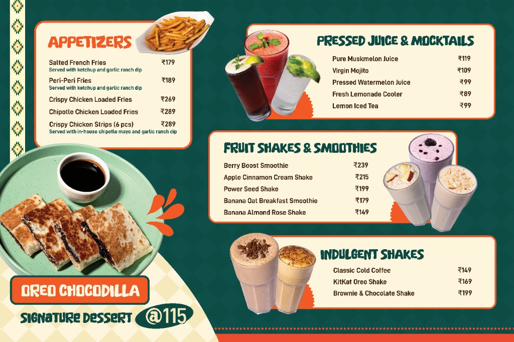 Kaazos In-Store Menu - Appetizers, Juices, Shakes & Oreo Chocodilla